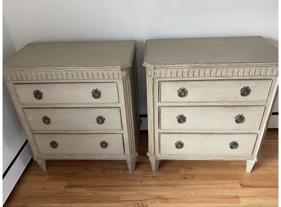 Pair Of Painted Wood Dressers - 3 Drawer - Carved Wood - Distressed Grey