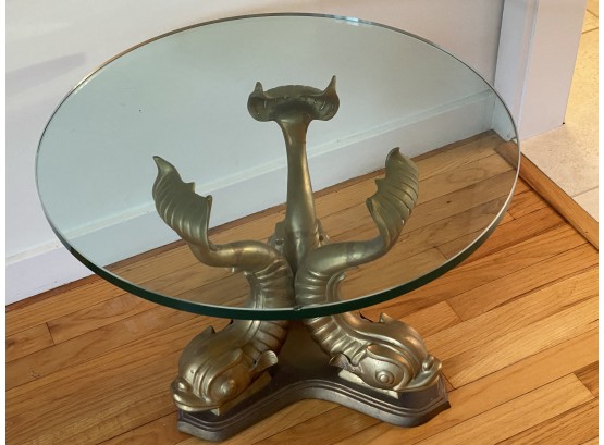 Side Table Featuring 3 Brass Fish Base And A Round Glass Top