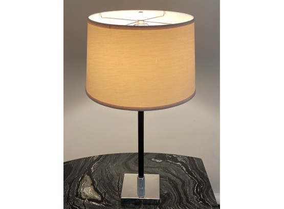 Leather Stick Lamp With White Stitching And Chrome Base - Cream Silk Shade