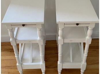 Pair Of Painted White Wood Side Tables With Pull Out Trays