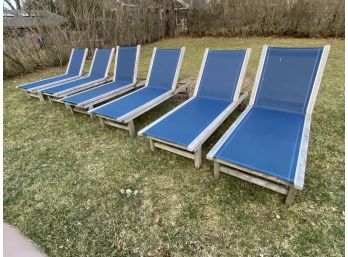 Set Of 6 Kinglsley Bate Teak Lounge Chairs With Navy Mesh