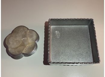 7 Mother Of Pearl Coasters And Mariposa Metal Cocktail Napkin Holder