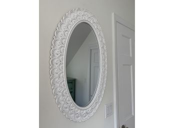 Carved White Distressed Painted Oval Mirror