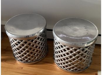 Pair Of Silver Metal Lattice Drum Tables