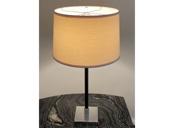 Leather Stick Lamp With White Stitching And Chrome Base - Cream Silk Shade