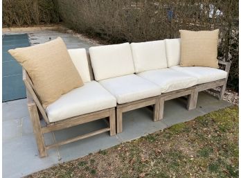 Pottery Barn Teak Couch With White Cushions