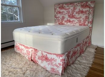 Queen Bed With Red And White Toile Fabric Headboard With Nailhead Detail - Westin Heavenly Bed