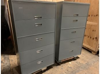Pair Of Blue Metal 5 Drawer Lateral File Cabinets  - No Keys