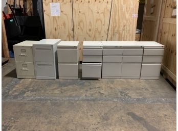 Lot Of Tan Metal File Cabinets - 3 With 2 Drawers And 4 With 3 Drawers
