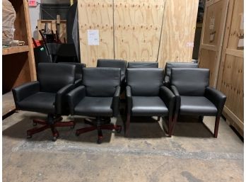 Lot Of Black Faux Leather Office Chairs - 4 With Wood Legs And 4 With Wheels