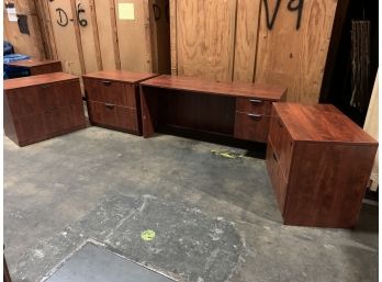 Cherry Wood Veneer Desk With 3 Matching 2 Drawer File Cabinets