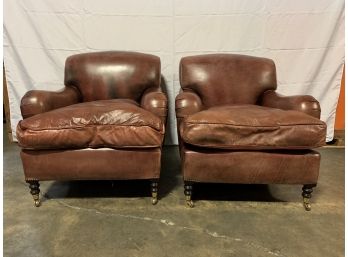 Pair Of George Smith Leather Club Chairs With Brass Nailhead Detail And Castor Feet