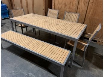 Wood And Metal Patio Table With Matching Long Bench And 4 Armchairs