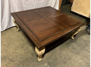 Custom Distressed Dark Wood Square Coffee Table With Dark Wood Top And Blonde Wood Legs
