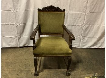 Single Antique Green Velvet Claw Foot Dark Wood Arm Chair