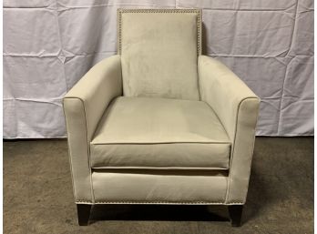 Pale Grey Mitchell Gold Ultra Suede Arm Chair With Silver Nailhead With Dark Wood Legs