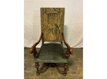 Antique Needlepoint Chair With Green Velvet Seat And Dark Wood Detail