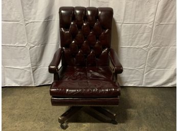 Burgundy Leather Button Tufted Office Chair With Brass Nailhead On Castors