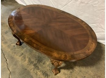 Oval Dark Wood Coffee Table With Inlay Detail, Carved Legs And Ball And Claw Feet