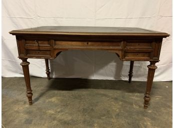 Antique Leather Top Desk With Carved Legs And 4 Locking Drawers And Key