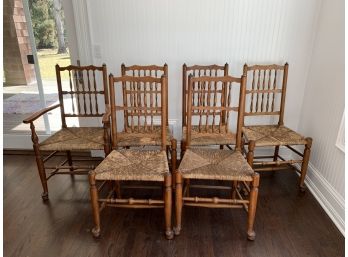 Set Of 6 Antique Dining Chairs With Rush Seats- 5 Side And 1 Arm - With Cushions