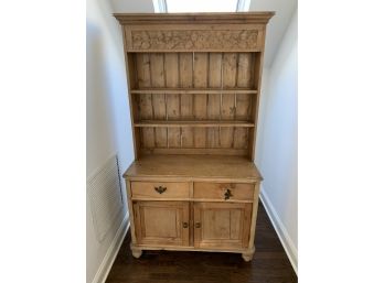 Antique Pine Hutch With 2 Drawers And 2 Doors - Top Has Plate Holders - Carved Detail