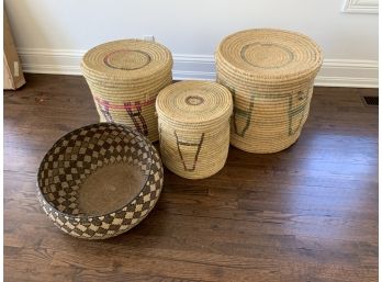 Lot Of 4 African Baskets - 3 Covered, 1 Open