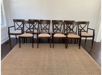Set Of 10 Dark Wood Dining Chairs With Tan Fabric Seats - Made In Italy