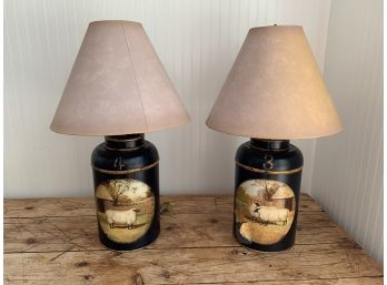 Pair Of Black Painted Metal Lamps With Sheep