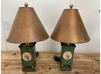 Pair Of Painted Aluminum Lamps With Tole Shades