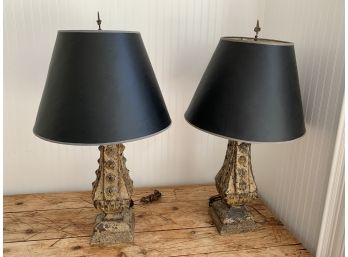 Pair Of Distressed Steel Lamps With Black Shades