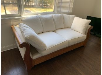 Wooden Love Seat With Cream Fabric - Sleigh Style