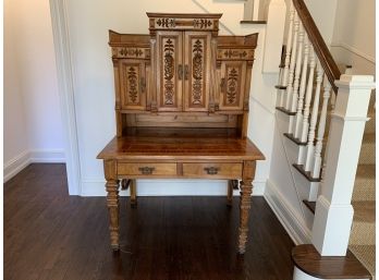 Stunning Antique Carved Wood Eastlake Secretary With Inlay Detail - 2 Pieces