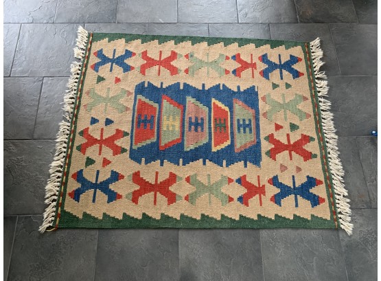 Flat Weave Area Rug - Red, Blue, Green, Yellow And Tan