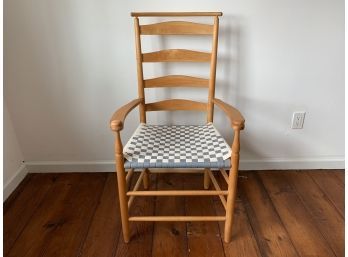 Blonde Wood Ladder Back Arm Chair With Blue And White Woven Seat