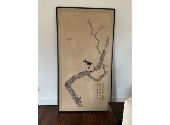 Vintage Large Framed Japanese Drawing - Watercolor On Paper Matted In Silk -  Cat In Tree