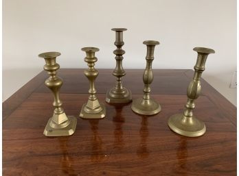 Collection Of 5 Brass Candlesticks - 2 Pairs And 1 Single