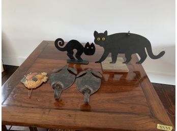 Collection Of Metal Decor - Iron Cat, Cat On Stand, Fruit Hook, Hammered Tin Candleholders