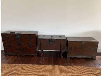 Collection On 3 Antique Asian Style Wooden Trunks - Front Opening - Metal Hardware