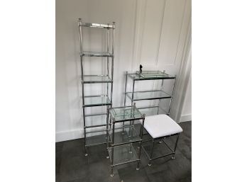 Collection Of Chrome And Glass Bathroom Stands - Various Sizes And 1 Stool