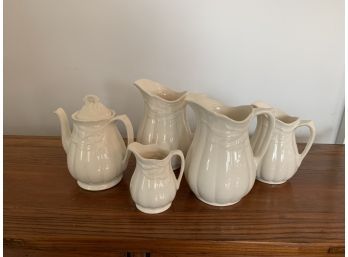 Collection Of 5 Pieces Of Ironstone Staffordshire Pitchers And Teapot- White