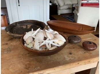 Collection Of 5 Wooden Bowls - Including Shell Collection