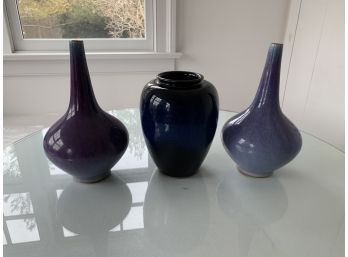 Lot Of 3 Ceramic Blue Vases