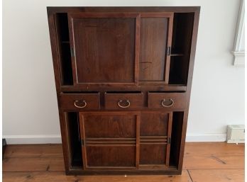 Dark Wood Cabinet With 2 Pairs Of Sliding Doors And 3 Drawers With Brass Pulls