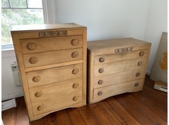 Pair Of Vintage Pine Wood Dressers Low And And Tall - Carved Detail