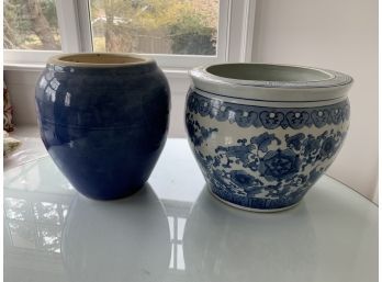 Lot: Large Blue Ceramic Planter And Large Asian Planter
