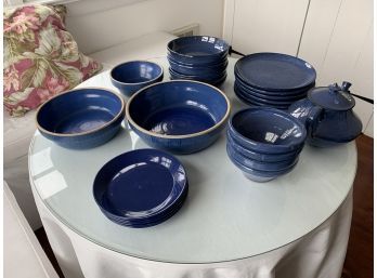 Lot Of Signed Blue Pottery Dish Including 3 Mixing Bowls