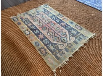 Vintage Navajo-Style Flat Weave Rug - Faded Blue, Green , Red