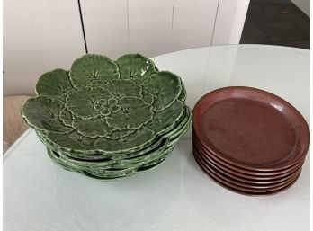 Lot:  7 Green Ceramic Flower Plates Marked And 7 Rust Ceramic Side Plates Marked