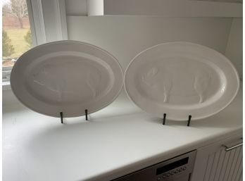 Pair Of Large White Pig Plates On Stands - Made In Italy